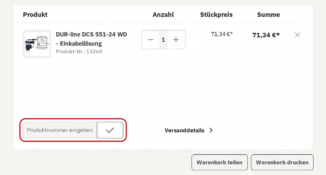 Warenkorb mit markiertem Feld Produktnummer eingeben