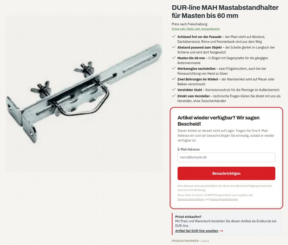Produktseite mit markiertem Formular Artikel wieder verfügbar? Wir sagen Bescheid!