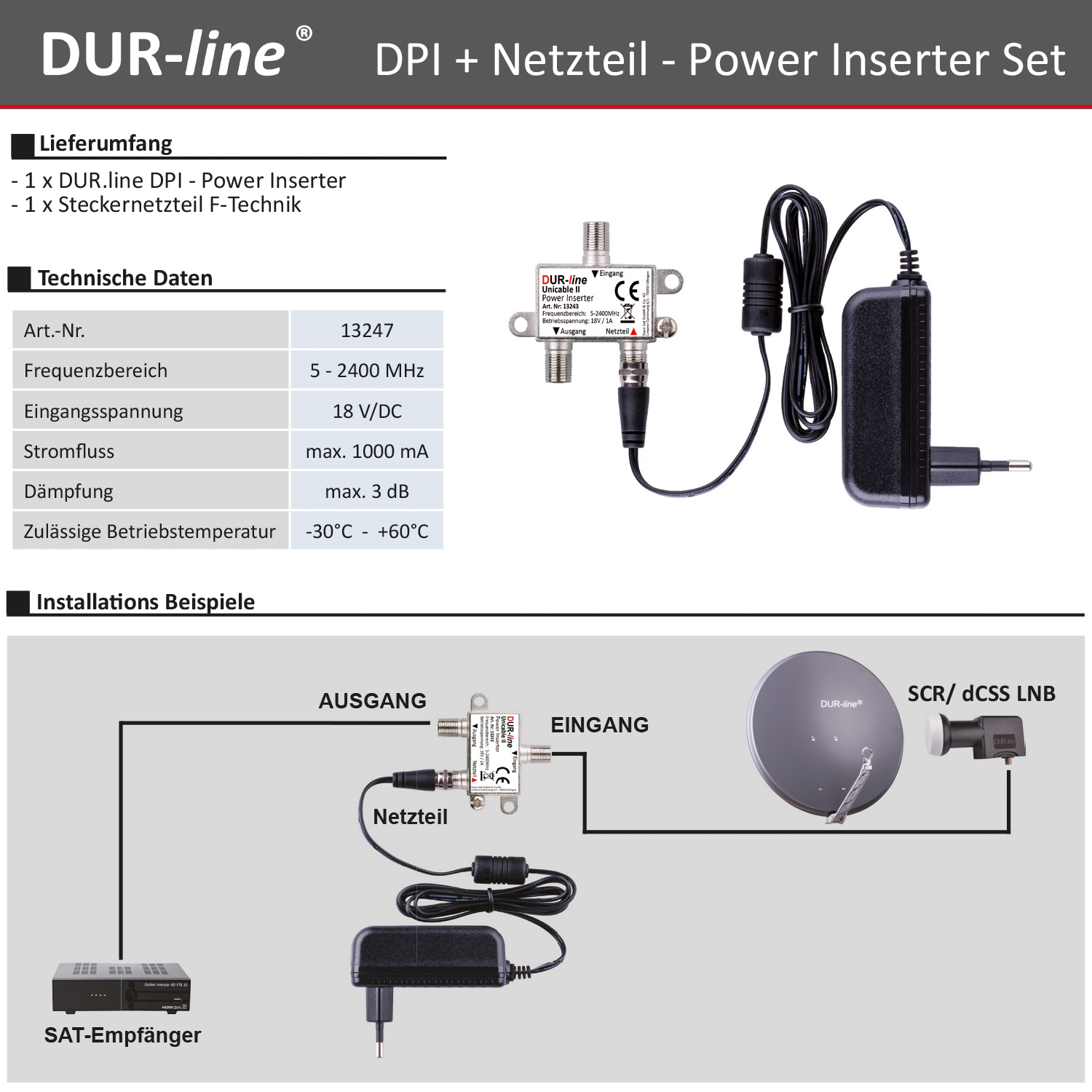 DUR-line DPI + Netzteil – Lieferumfang, technische Daten und Anschlussbeispiel DUR-line DPI + Netzteil – Lieferumfang, technische Daten und Anschlussbeispiel