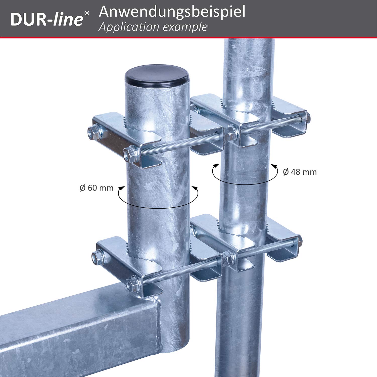 DUR-line Doppelschelle Groß – Anwendungsbeispiel: Ø 60 mm an Ø 48 mm DUR-line Doppelschelle Groß – Anwendungsbeispiel: Ø 60 mm an Ø 48 mm