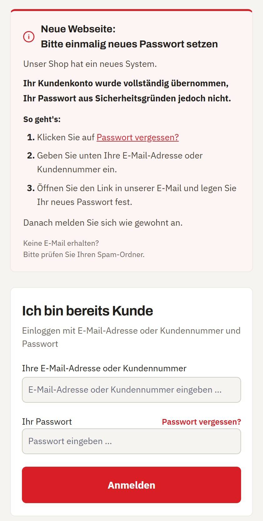 Anmeldeseite mit Hinweis zum neuen Passwort und dem Link Passwort vergessen