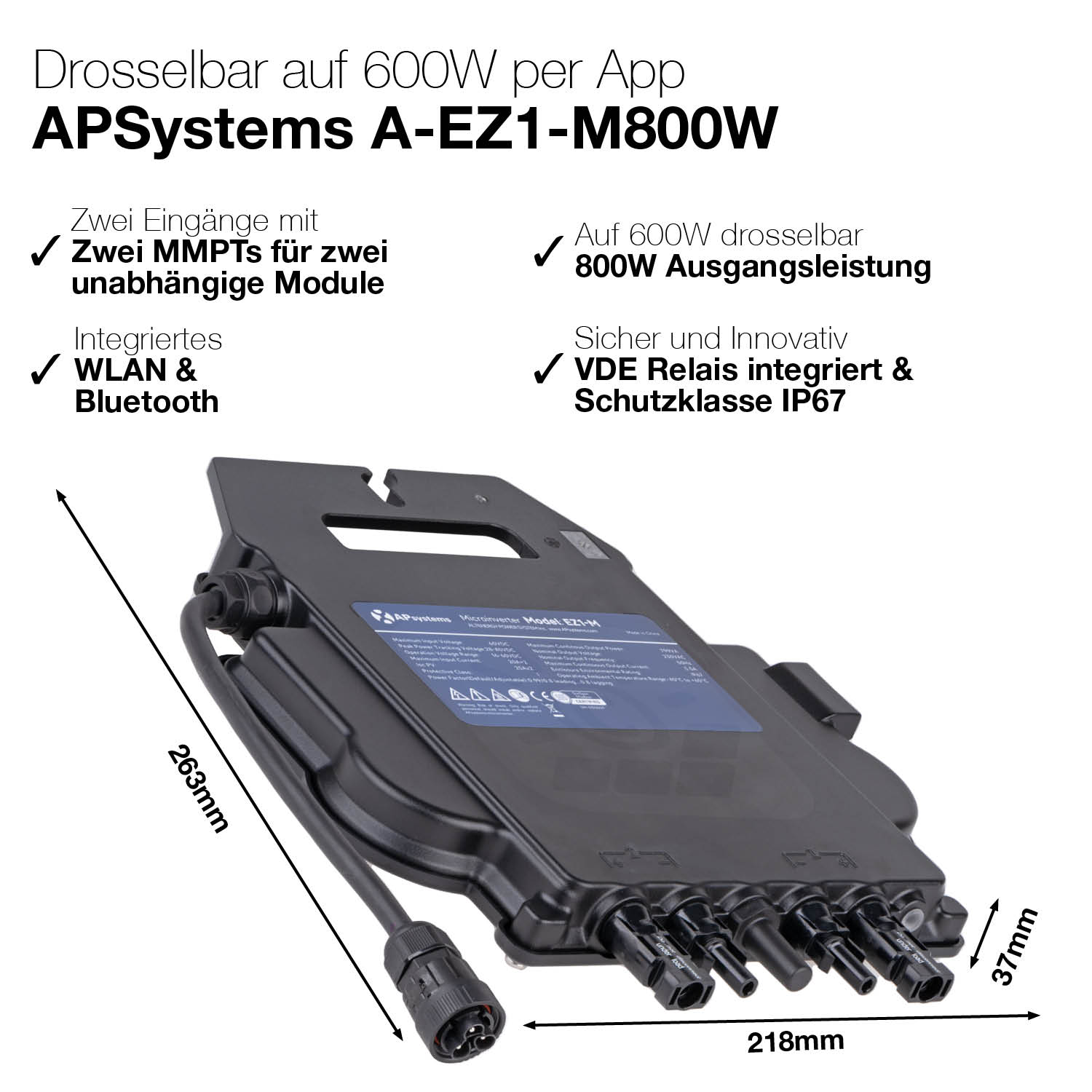 800W APSystems A-EZ1-M - inkl. 3m Anschlusskabel - PV Wechselrichter-Set, 800 Watt, Schutzkontakt, APsystems (EZ-1), 3m