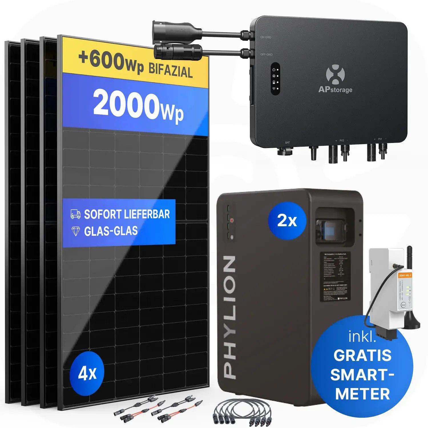 APsystems EZHI 2000Wp/5kWh - Balkonkraftwerk Speicher-Set | Phylion LiFePO4 Batteriespeicher & Jolywood 500Wp Module