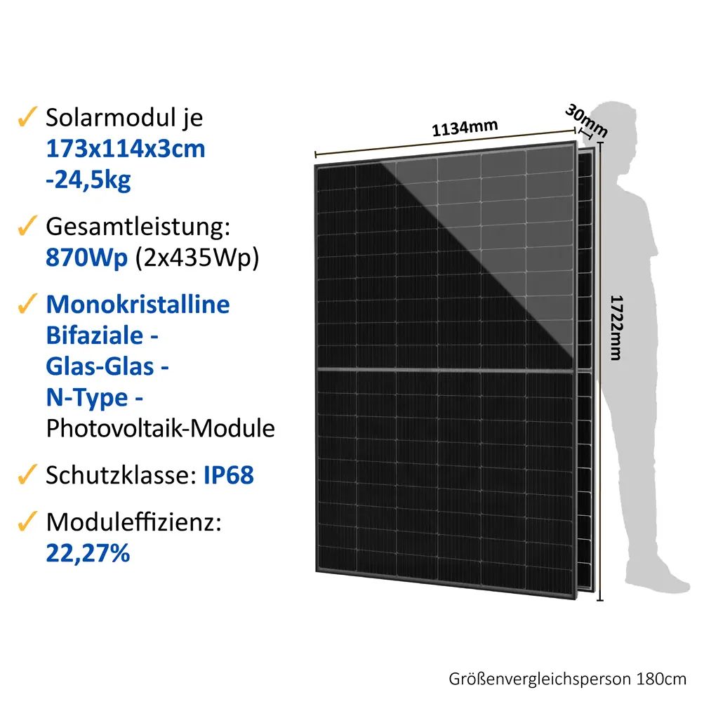 Balkonkraftwerk 800W/870Wp bifazial mit 3m Anschlusskabel Balkonkraftwerk 800W/870Wp bifazial mit 3 - 20m Anschlusskabel