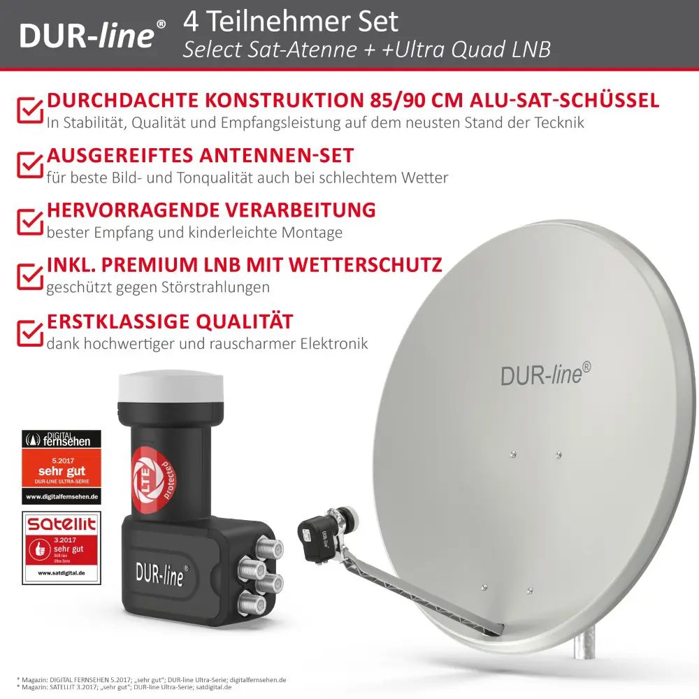 DUR-line Select 85/90 Hellgrau - Sat-Komplettanlage mit Quad LNB DUR-line Select 85/90 Hellgrau - Sat-Komplettanlage mit Quad LNB