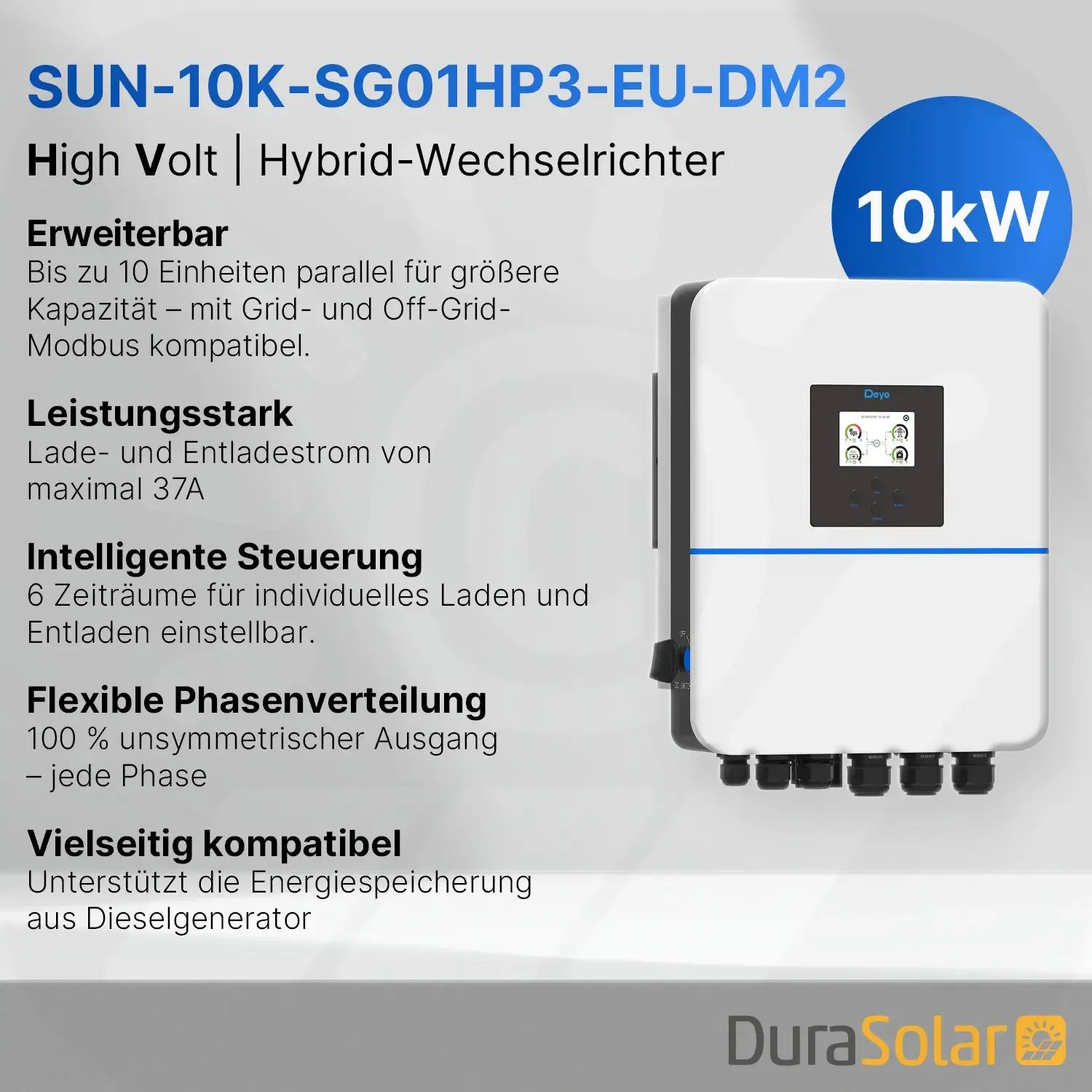 Deye 10kW - Hybrid-Wechselrichter - SUN-SG01HP3-EU-DM2 - Dreiphasig - 2/1+1MPPT - Hochspannungsserie