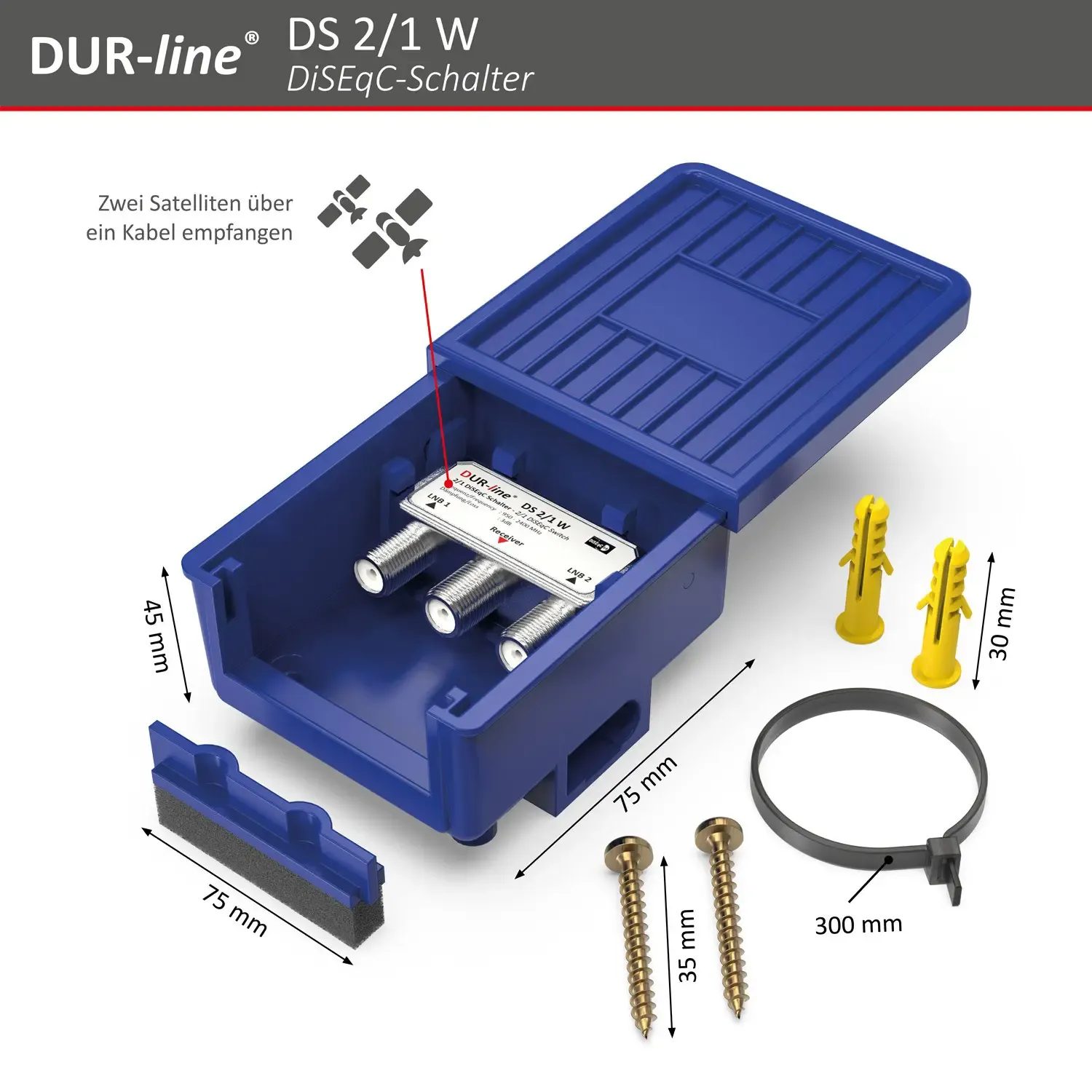 DUR-line DS 2/1 W DiSEqC-Schalter – Abmessungen und technische Zeichnung DUR-line DS 2/1 W DiSEqC-Schalter – Abmessungen und technische Zeichnung