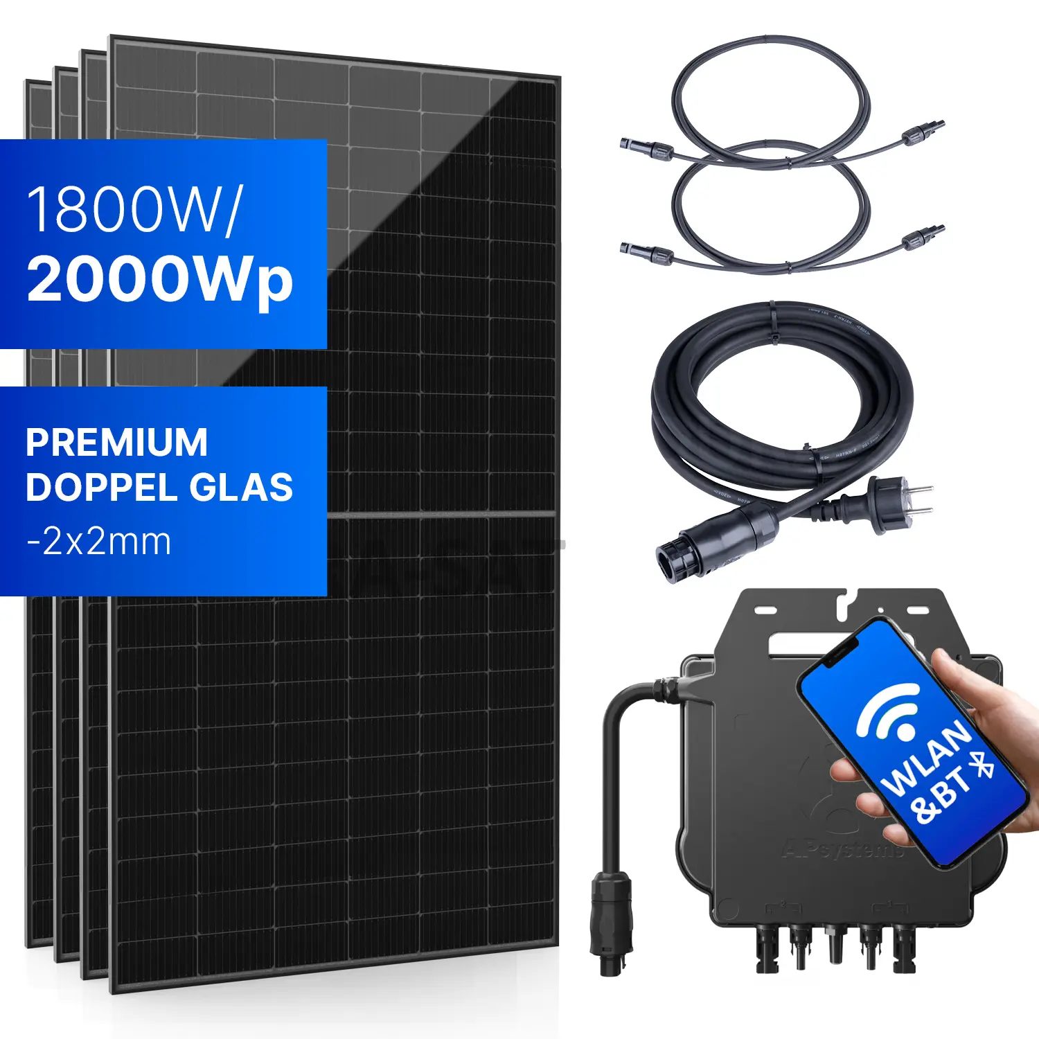 Balkonkraftwerk 1800W/2000Wp bifazial mit 3 - 20m Anschlusskabel 