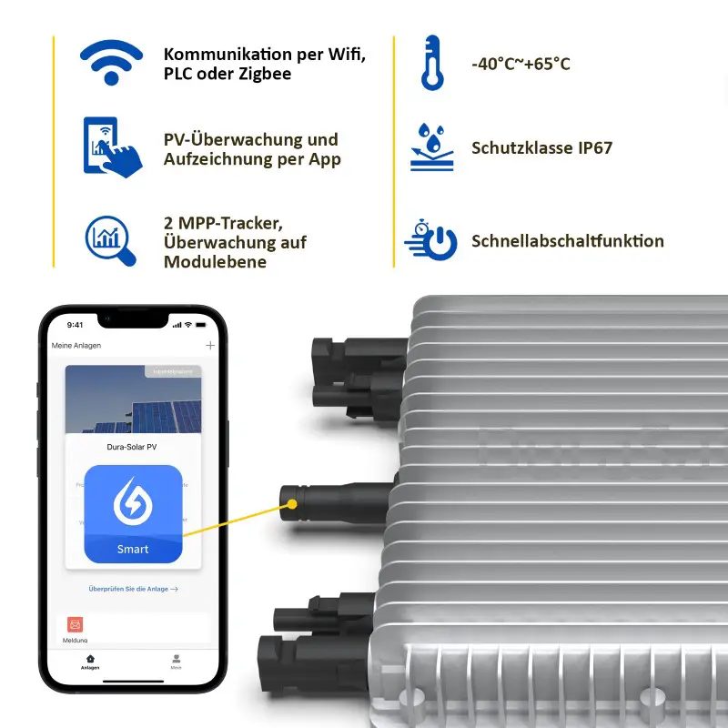 Balkonkraftwerk 800W/850Wp bifazial mit 3m Anschlusskabel Balkonkraftwerk 800W/870Wp bifazial mit 3 - 20m Anschlusskabel Deye