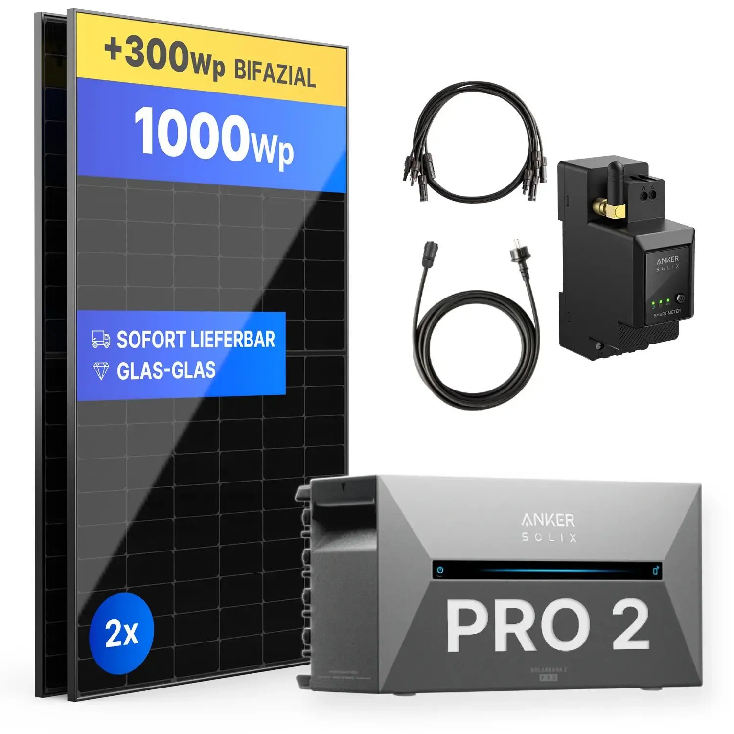 1000Wp Balkonkraftwerk mit Anker SOLIX Solarbank 2 E1600 PRO - XkWh - 2x500Wp 1000Wp Balkonkraftwerk mit Anker SOLIX Solarbank 2 E1600 PRO - XkWh - 2x500Wp