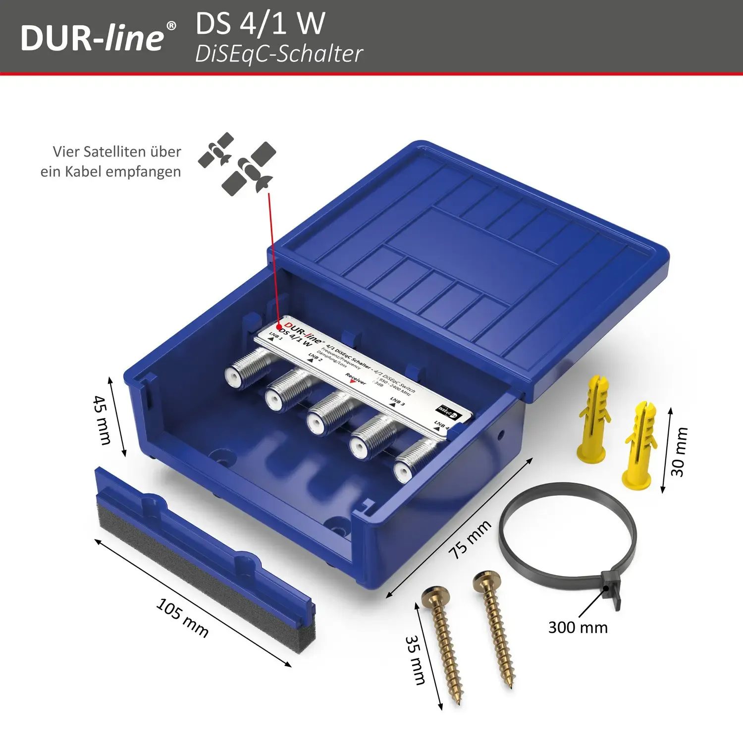 DUR-line DS 4/1 W DiSEqC-Schalter – Abmessungen und technische Zeichnung