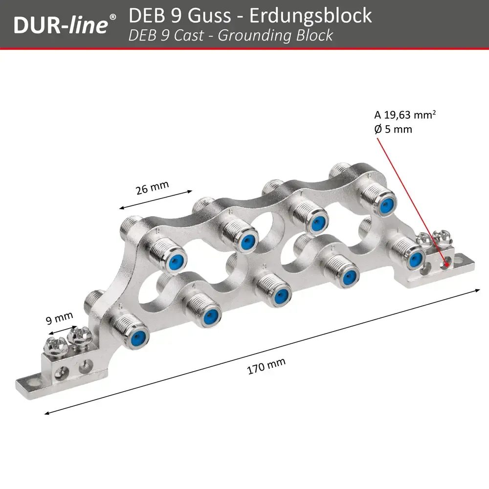 DUR-line DEB 9 Guss Erdungsblock – Abmessungen und technische Zeichnung DUR-line DEB 9 Guss Erdungsblock – Abmessungen und technische Zeichnung