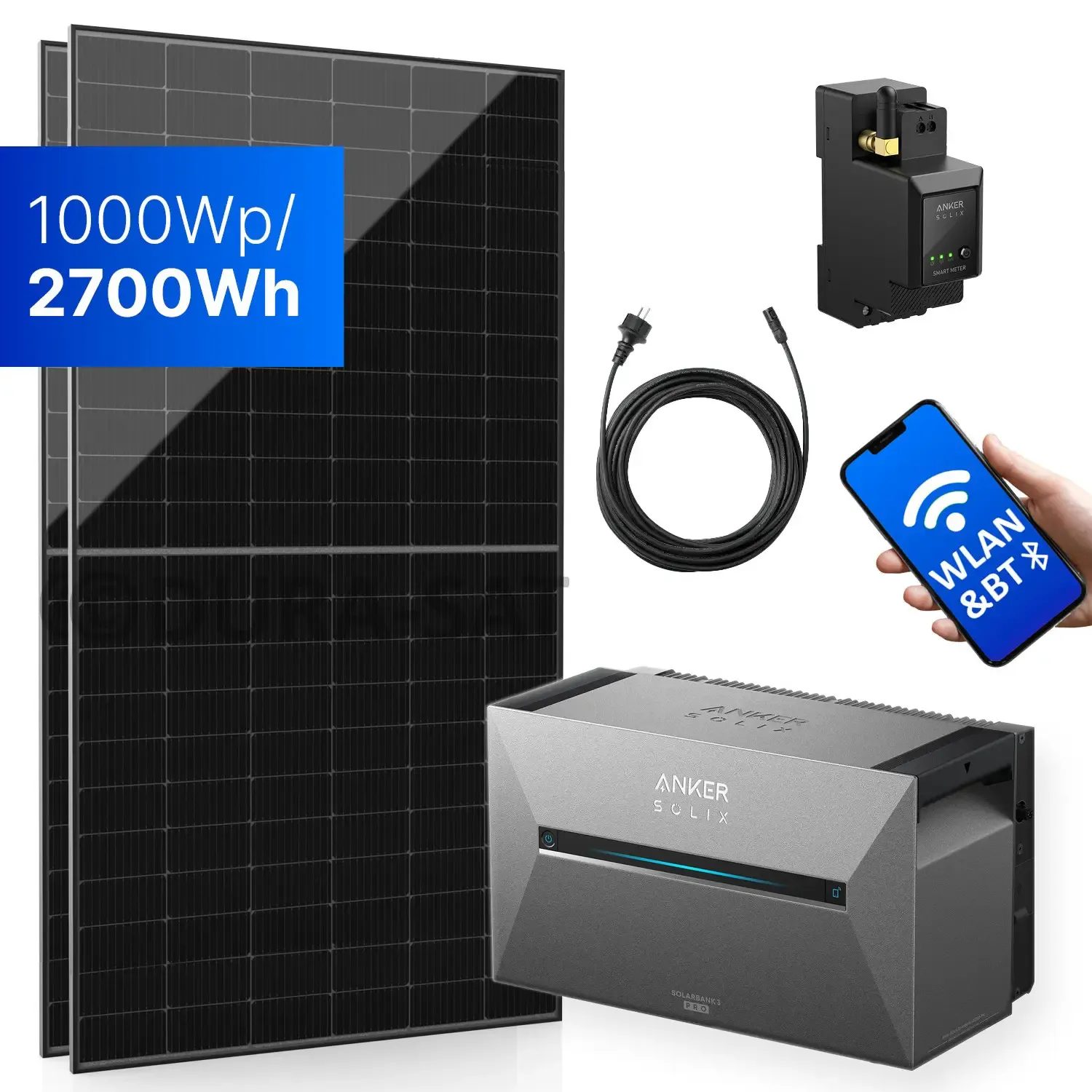 1000Wp Balkonkraftwerk mit Anker SOLIX Solarbank 3 E2700 PRO - 2700Wh - 2x500Wp
