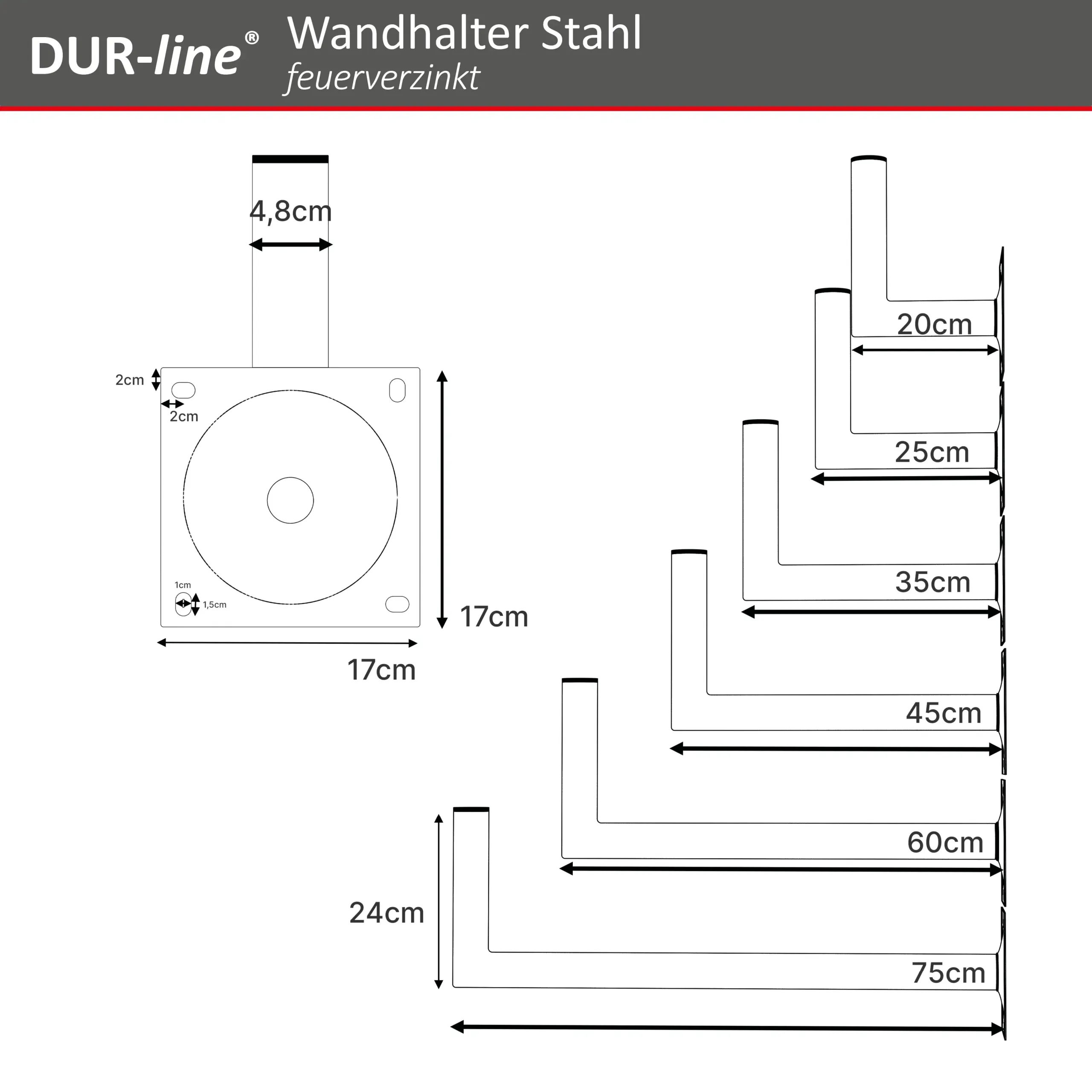 DUR-line WHSF Stahl-Wandhalter – Abmessungen und technische Zeichnung y