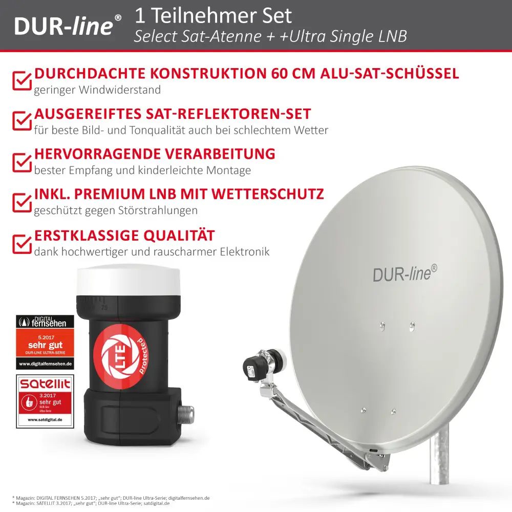 DUR-line Select 60/65 Hellgrau - Sat-Komplettanlage mit Single LNB