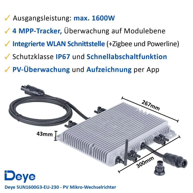 Balkonkraftwerk 1600W/1680Wp bifazial mit 3m Anschlusskabel Balkonkraftwerk 1600W/1680Wp bifazial mit 10m Anschlusskabel