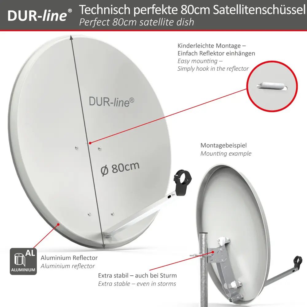 DUR-line MDA 80 Hellgrau Alu Sat-Reflektor – Abmessungen und technische Zeichnung