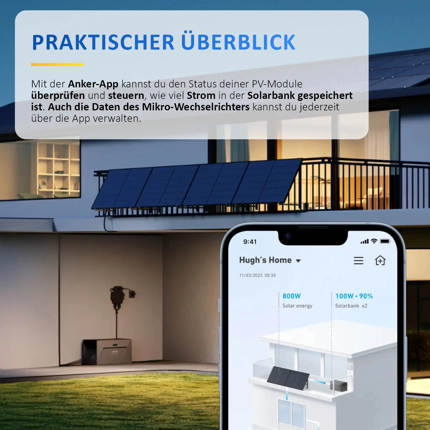 Balkonkraftwerk mit Speicher und Anschlusskabel