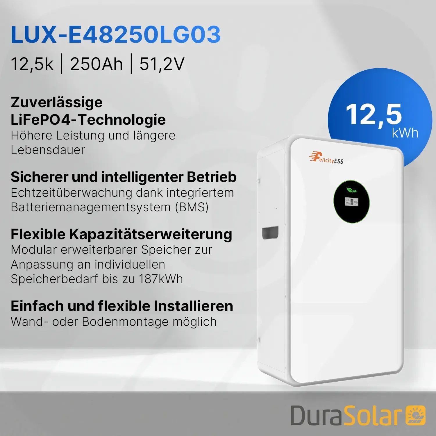 Felicity - 12,5kWh PV-Speicher - LUX-E-48250LG03 - Erweiterbare 48/51,2V LiFePO4 Batterie für Solaranlagen