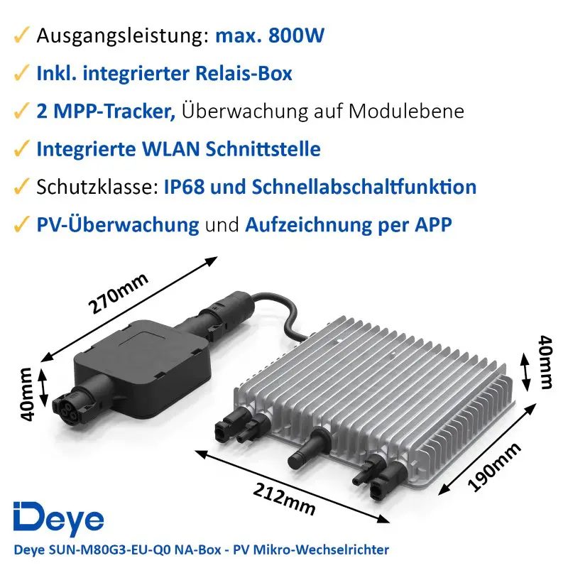 Balkonkraftwerk 800W/870Wp bifazial mit 3 - 20m Anschlusskabel Deye