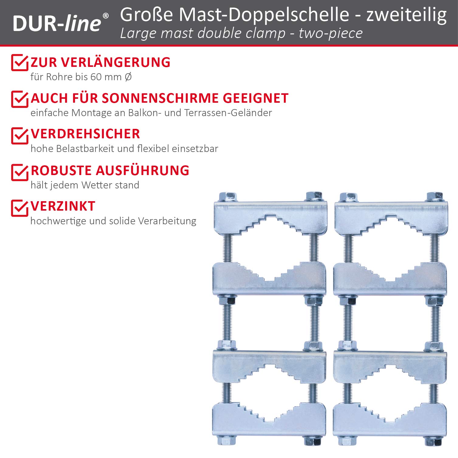 DUR-line Doppelschelle Groß – Highlights: Mastverlängerung bis Ø 60 mm, verzinkt