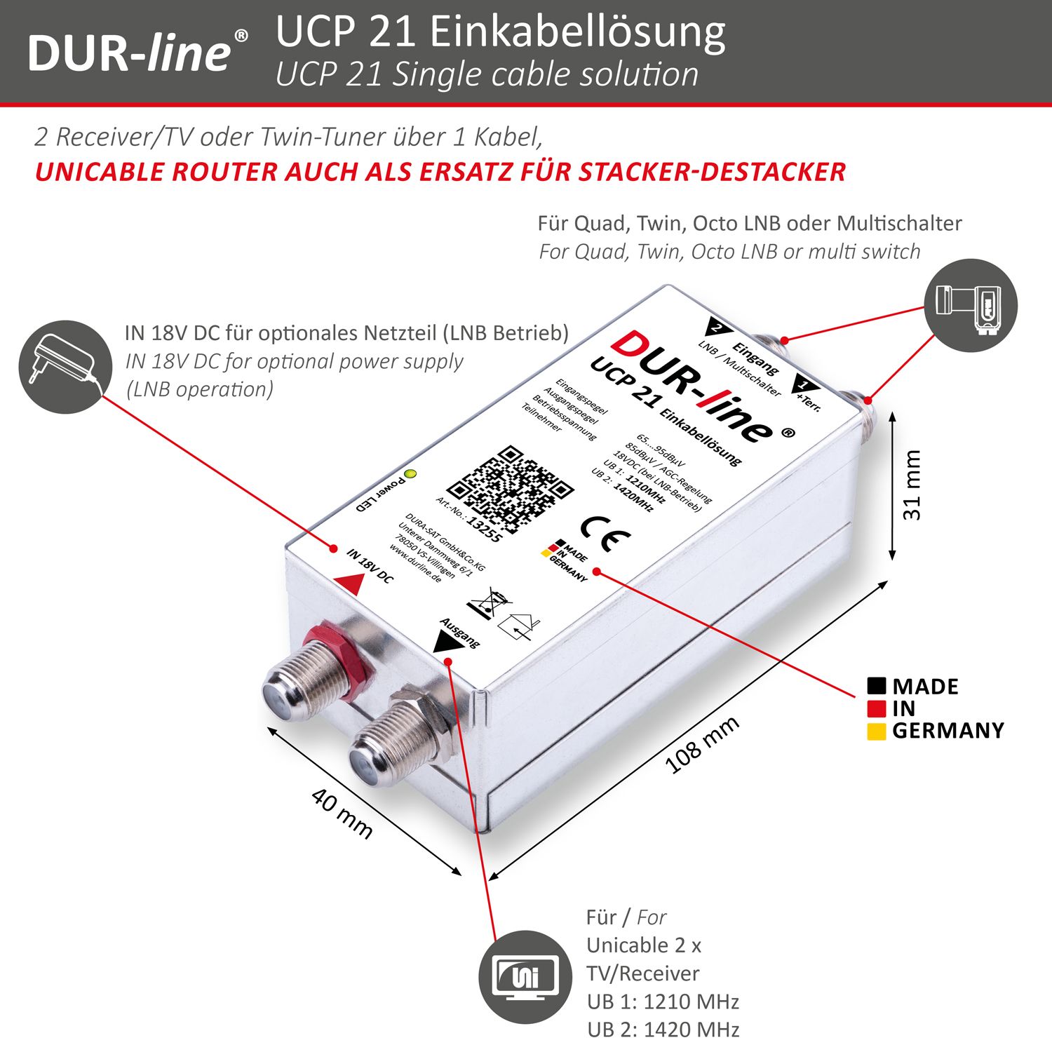 DUR-line UCP 21 - Einkabellösung – Abmessungen