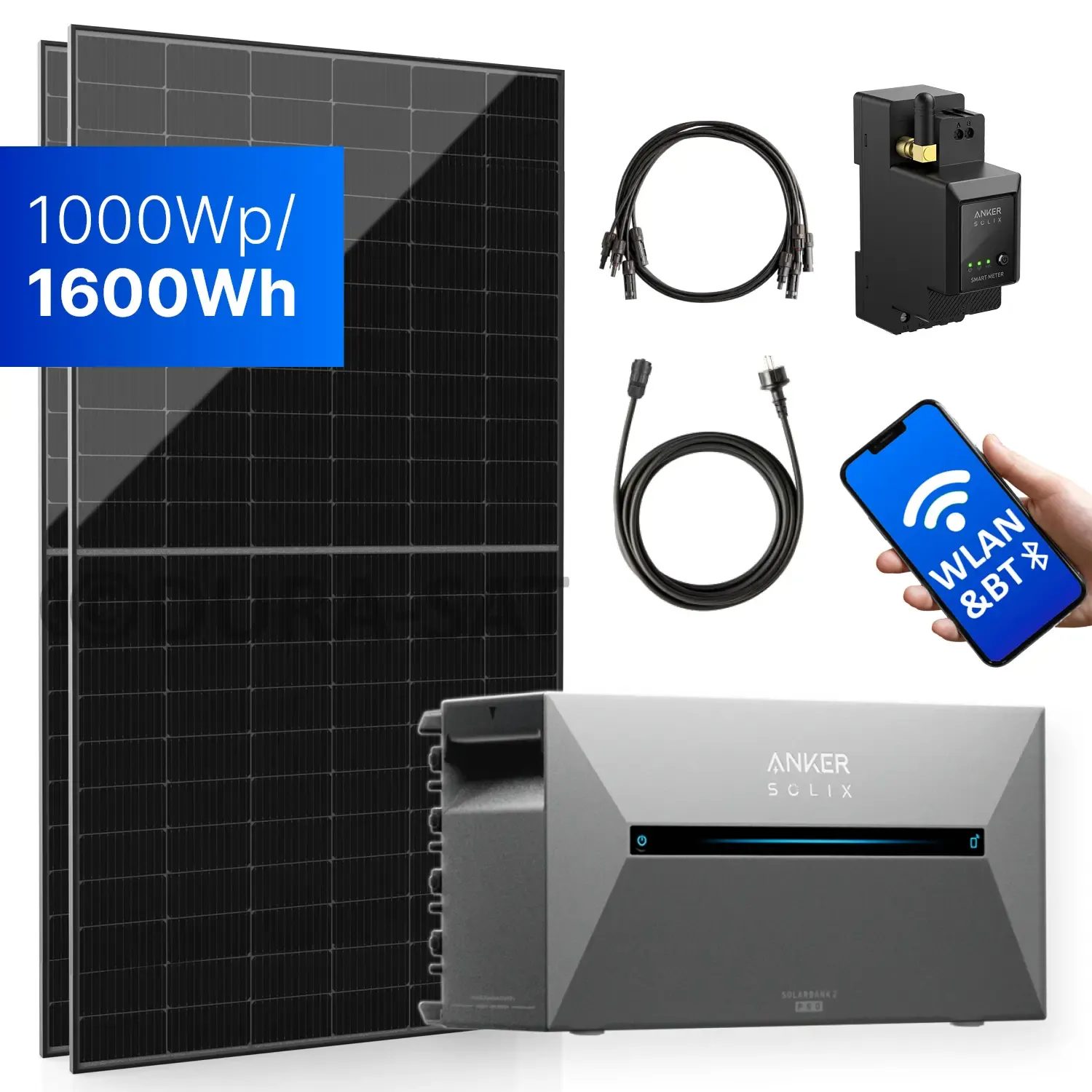 1000Wp Balkonkraftwerk mit Anker SOLIX Solarbank 2 E1600 PRO - XkWh - 2x500Wp