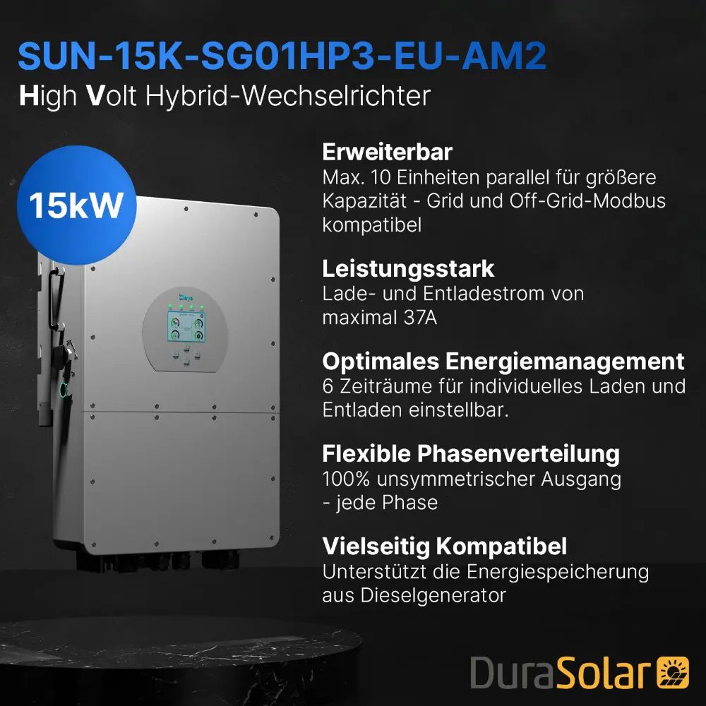 Deye SUN-15K-SG01HP3-EU-AM2 - Dreiphasig - 2/2+1 MPPT - Hybrid-Wechselrichter - Hochspannungsserie Deye SUN-15K-SG01HP3-EU-AM2 - Dreiphasig - 2/2+1 MPPT - Hybrid-Wechselrichter - Hochspannungsserie