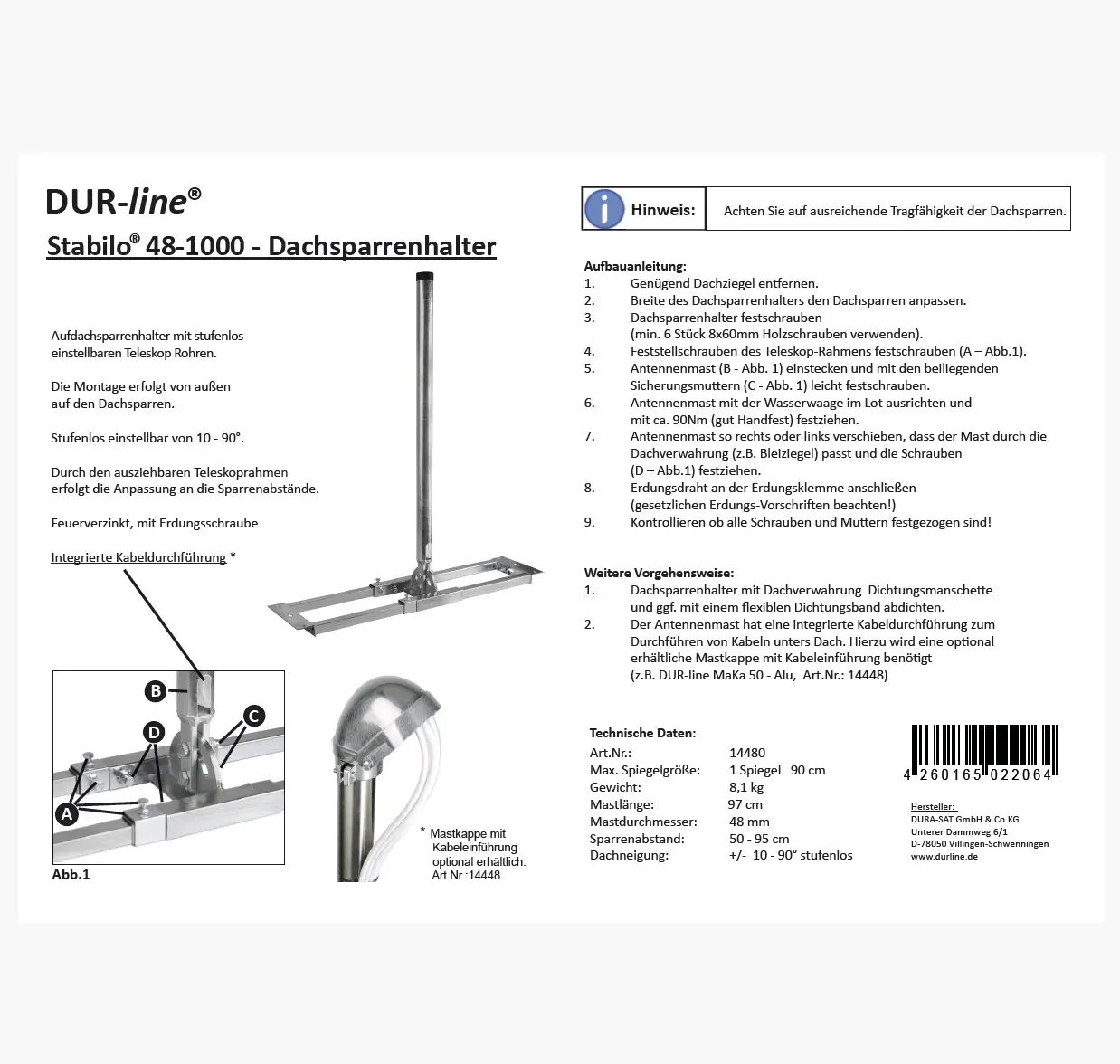 DUR-line Stabilo 48-1000 Dachsparrenhalter – Montageanleitung DUR-line Stabilo 48-1000 Dachsparrenhalter – Montageanleitung