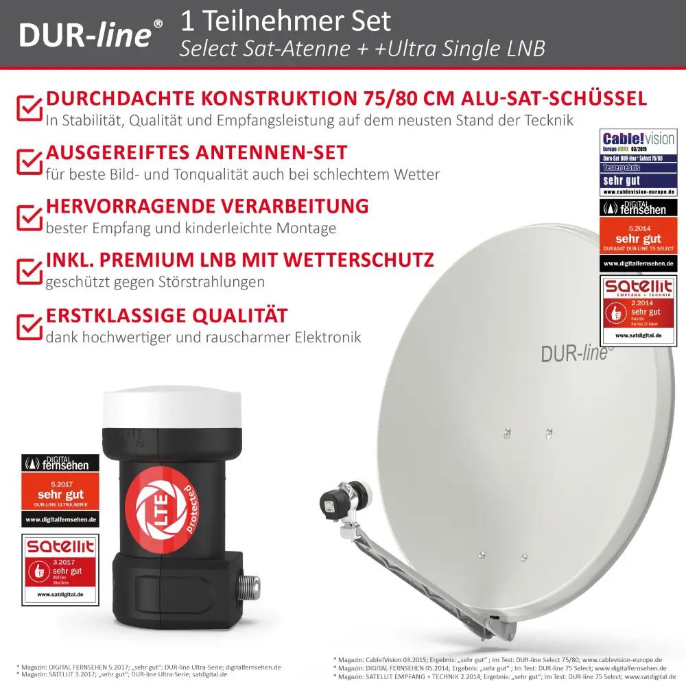 DUR-line Select 75/80 Hellgrau - Sat-Komplettanlage mit Single LNB DUR-line Select 75/80 Hellgrau - Sat-Komplettanlage mit Single LNB