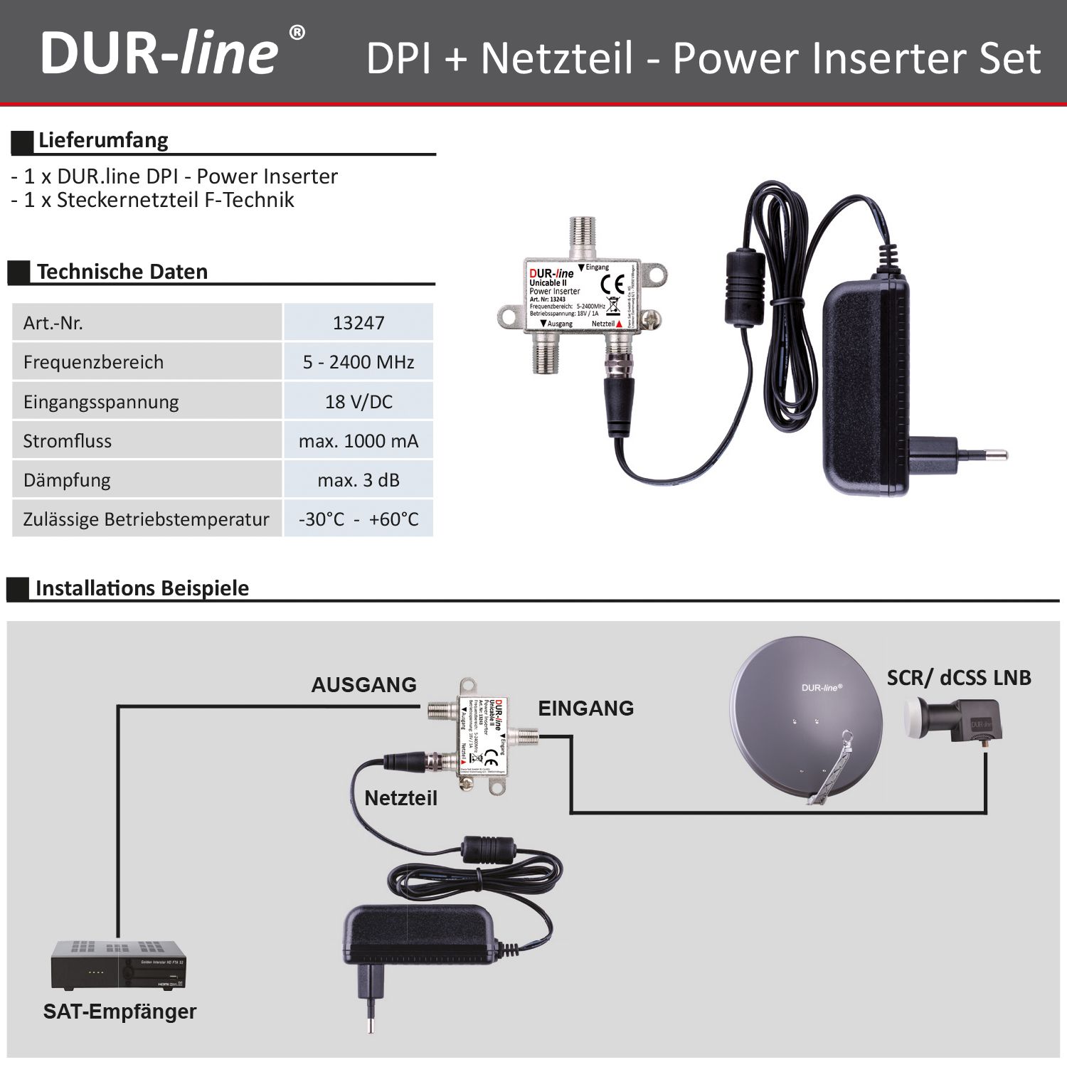 DUR-line DPI + Netzteil – Lieferumfang, technische Daten und Anschlussbeispiel DUR-line DPI + Netzteil – Lieferumfang, technische Daten und Anschlussbeispiel