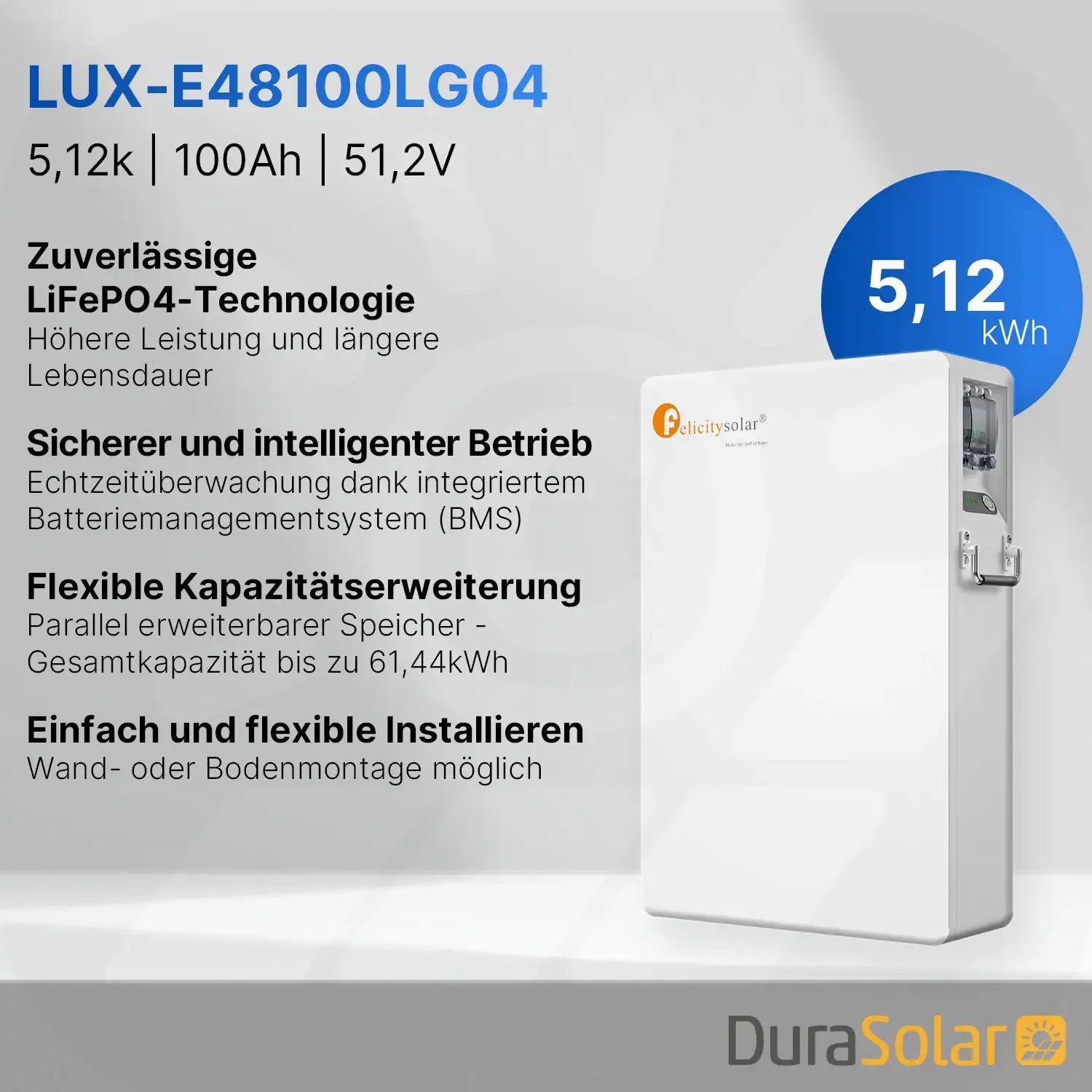 Felicity 5,12kWh PV-Speicher - LUX-E-48100LG04 - (LPBA48100-OL) - Erweiterbare 48/51,2V LiFePO4 Batterie für Solaranlagen