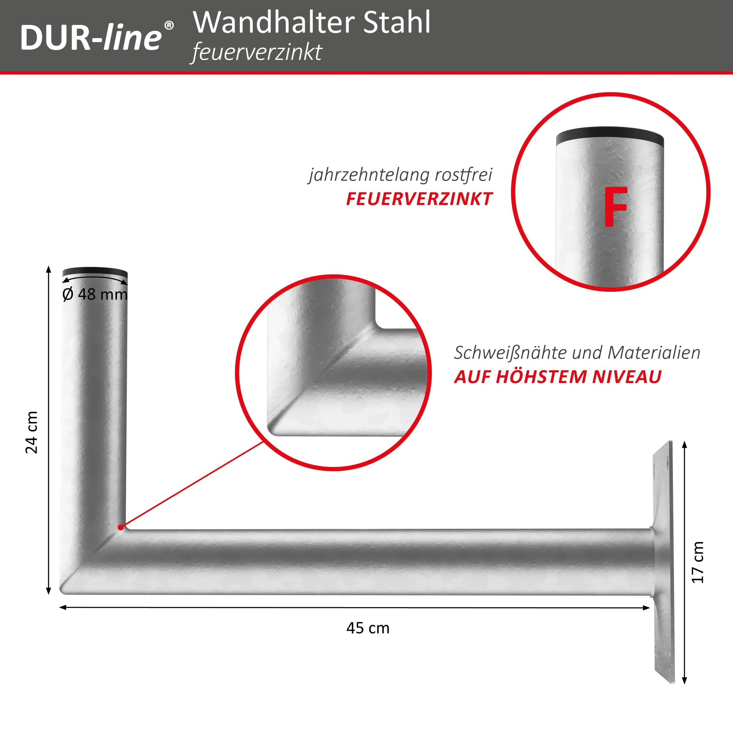 DUR-line WHSF 45 Stahl Wandhalter – Abmessungen und technische Zeichnung