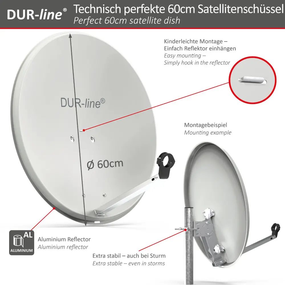 DUR-line MDA 60 Hellgrau Alu Sat-Reflektor – Abmessungen und technische Zeichnung