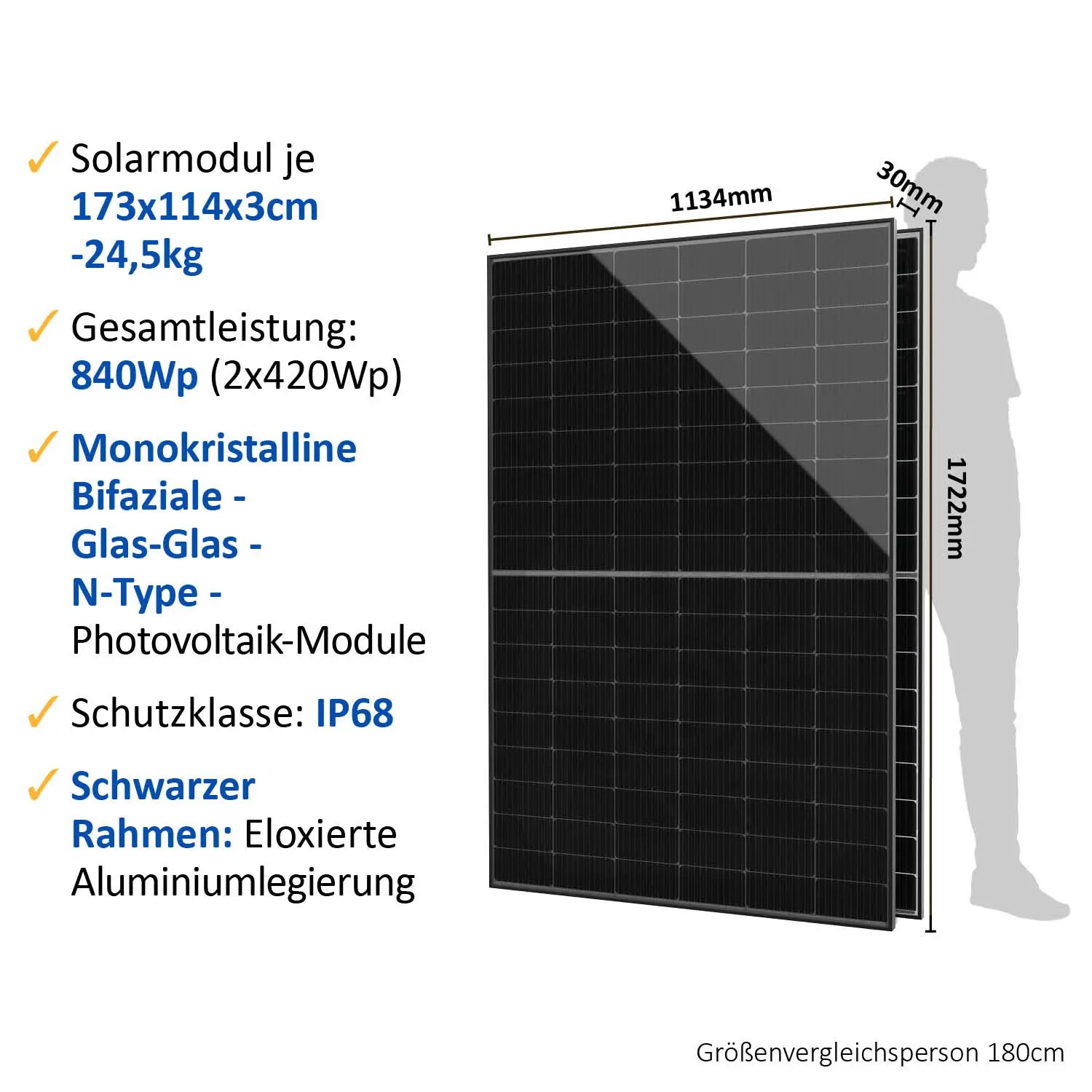 Balkonkraftwerk 800W/850Wp bifazial mit 3m Anschlusskabel Balkonkraftwerk 800W/850Wp Black Frame - bifazial -mit 3, 5 oder 10m Anschlusskabel