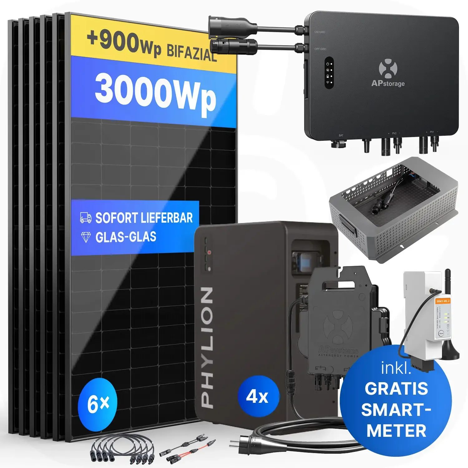APsystems EZHI 3000Wp/10kWh - Mini-PV-Anlage Speicher-Set | Phylion LiFePO4 Batteriespeicher & Jolywood 500Wp Module APsystems EZHI 3000Wp/10kWh - Mini-PV-Anlage Speicher-Set | Phylion LiFePO4 Batteriespeicher & Jolywood 500Wp Module