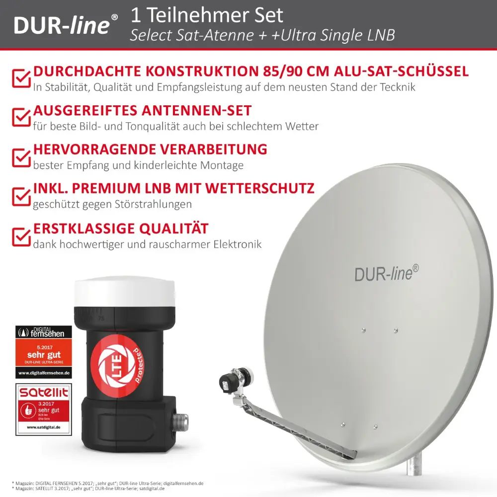 DUR-line Select 85/90 Hellgrau - Sat-Komplettanlage mit Single LNB DUR-line Select 85/90 Hellgrau - Sat-Komplettanlage mit Single LNB
