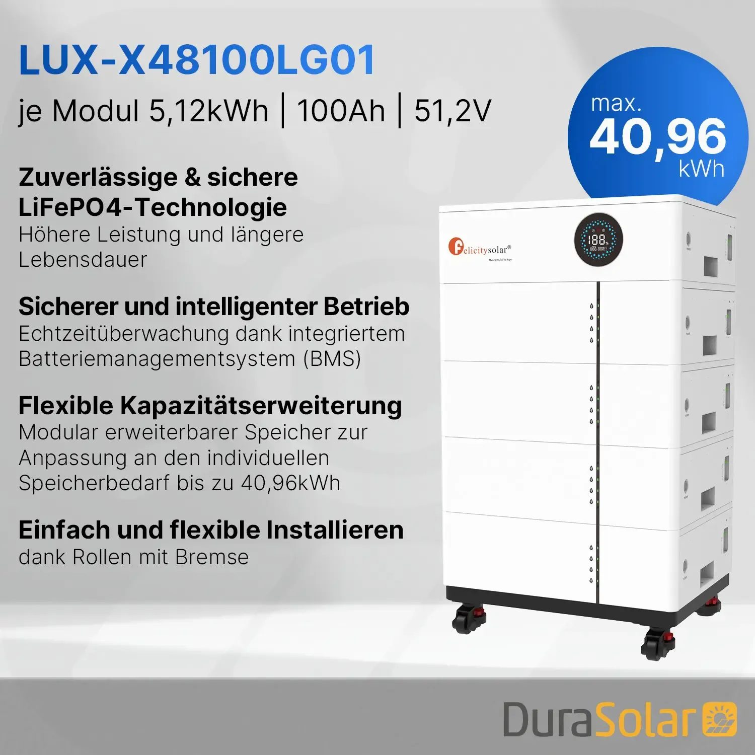 Felicity 15,36kWh PV-Speicher - LUX-X-48100LCG01 - Erweiterbare 48/51,2V LiFePO4 Batterie für Solaranlagen Felicity 5,12kWh PV-Speicher - LUX-X-48100LCG01 - Erweiterbare 48/51,2V LiFePO4 Batterie für Solaranlagen