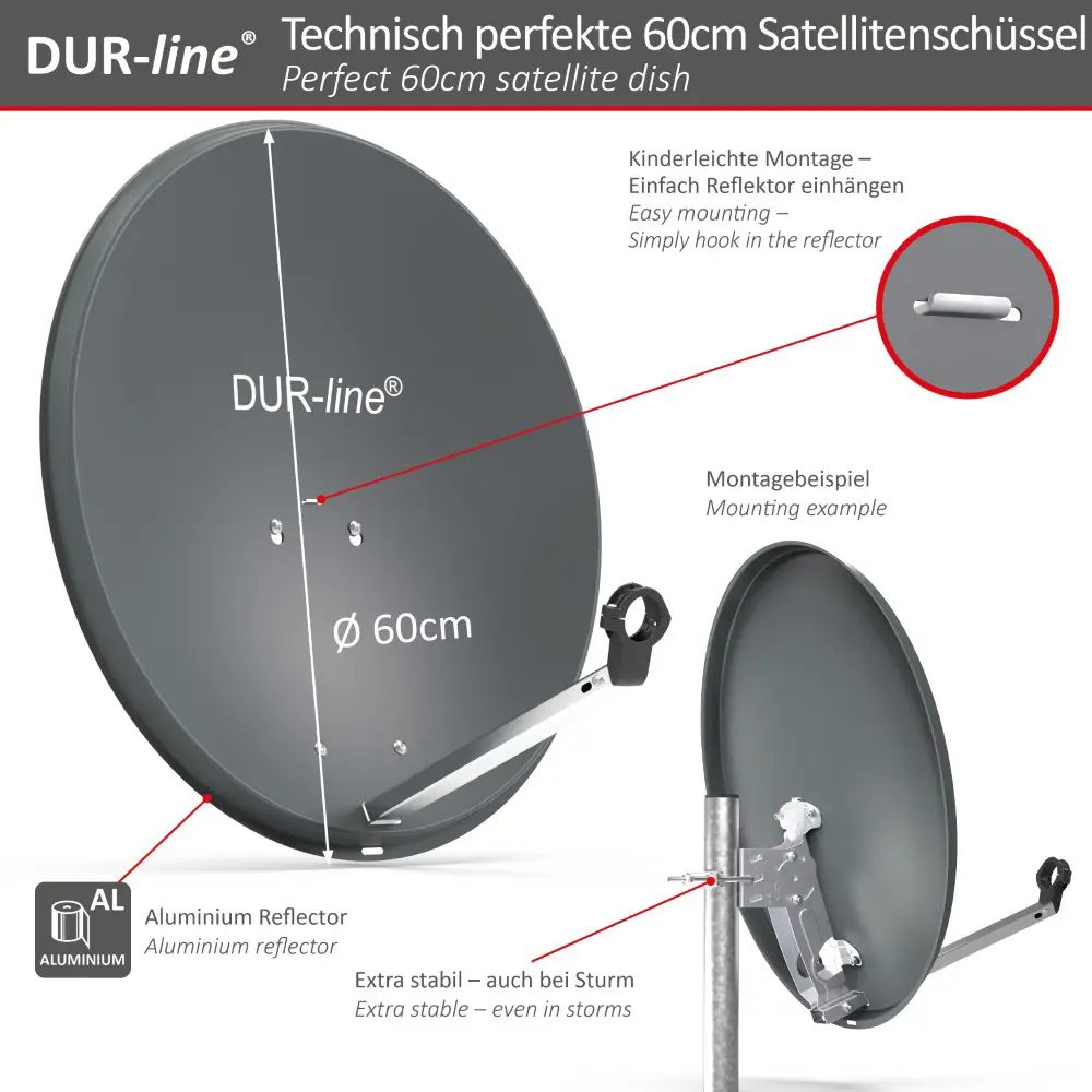 DUR-line MDA 60 Anthrazit Alu Sat-Reflektor – Abmessungen und technische Zeichnung